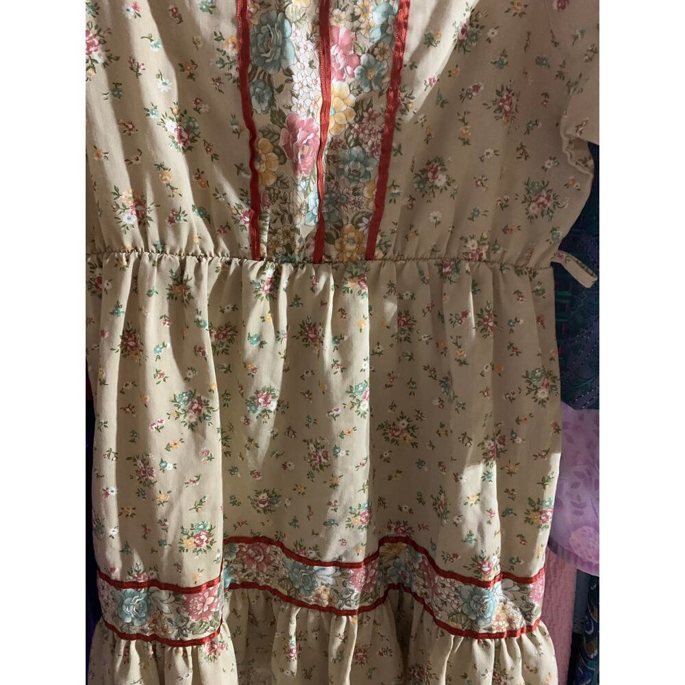 Vintage 1970's Boho Mini Prairie Dress Tunic Top Cream Floral Print Sz xs /child - Picture 8 of 14